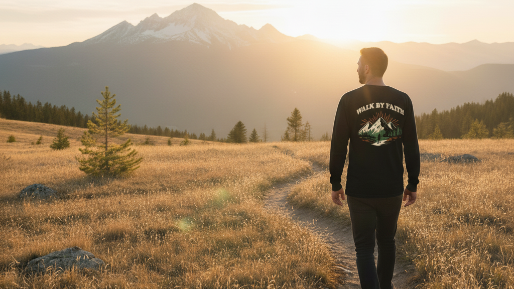 Person walking by faith on a path towards mountains with a sunset