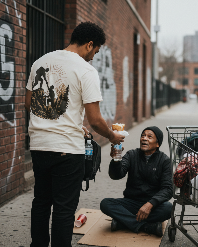 Person handing food to a person sitting on the street with a cart nearby.